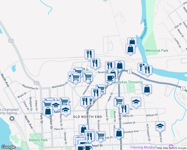 map of restaurants, bars, coffee shops, grocery stores, and more near 171 Intervale Avenue in Burlington