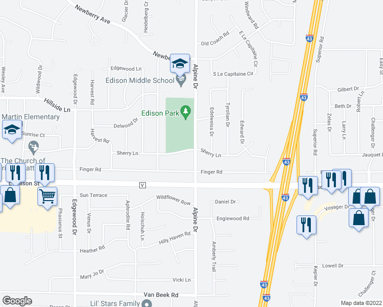map of restaurants, bars, coffee shops, grocery stores, and more near 2690 Sherry Lane in Green Bay
