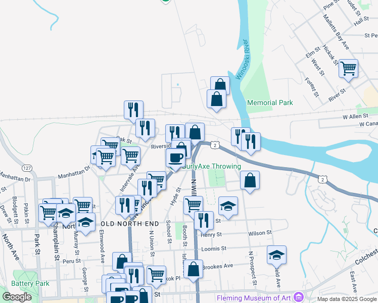 map of restaurants, bars, coffee shops, grocery stores, and more near 140 Hyde Street in Burlington