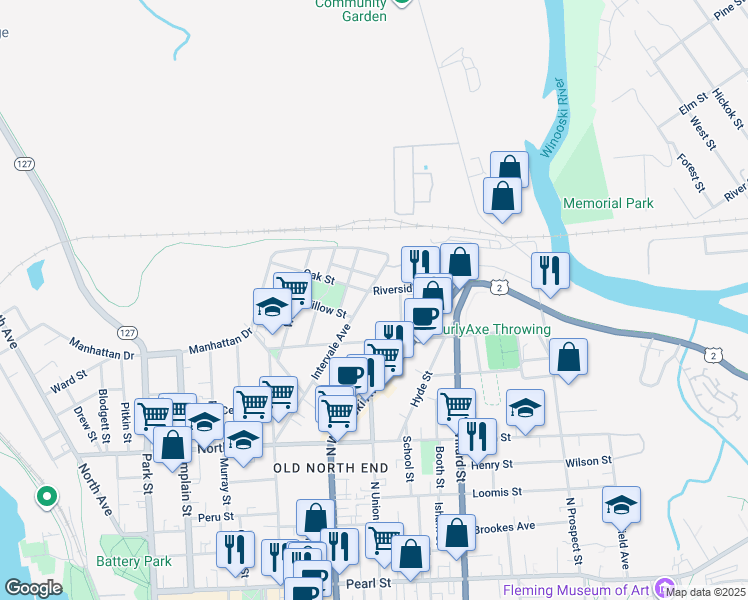 map of restaurants, bars, coffee shops, grocery stores, and more near 27 Bright Street in Burlington