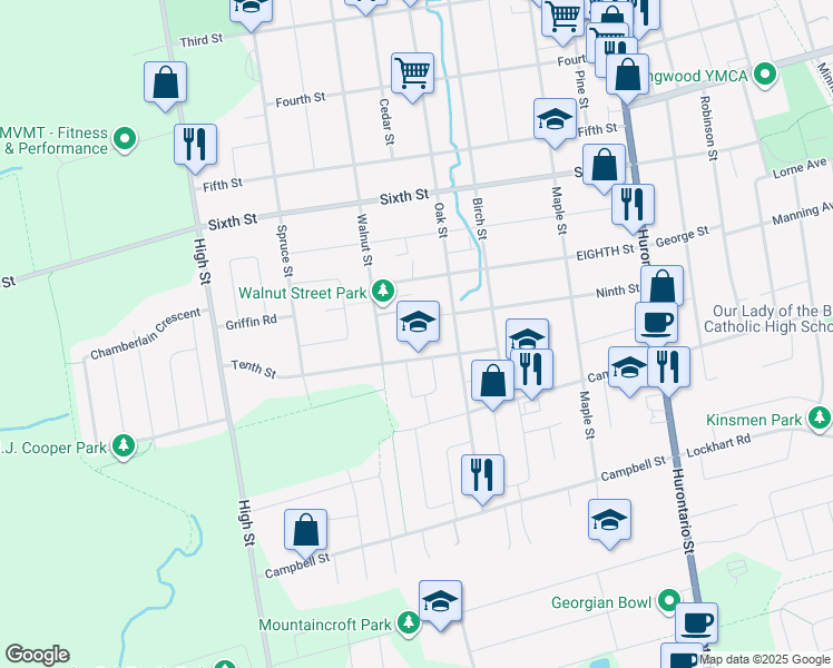 map of restaurants, bars, coffee shops, grocery stores, and more near 490 Tenth Street in Collingwood