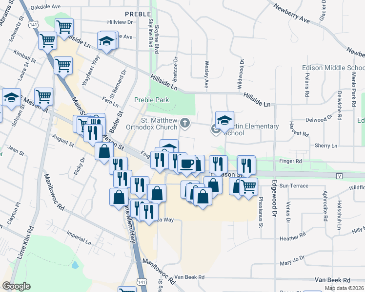 map of restaurants, bars, coffee shops, grocery stores, and more near 675 Ravenswood Drive in Green Bay