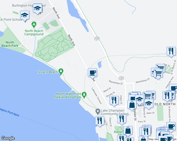 map of restaurants, bars, coffee shops, grocery stores, and more near 276 South Burlington Recreation Path in South Burlington