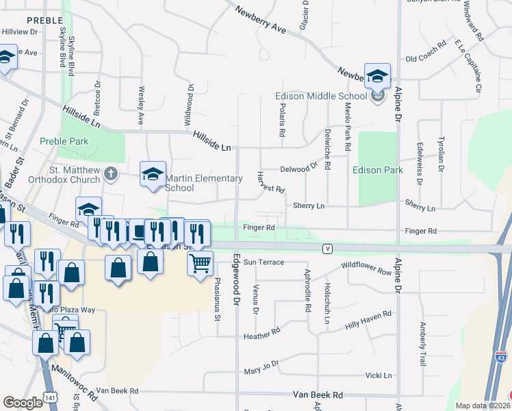 map of restaurants, bars, coffee shops, grocery stores, and more near 2529 Finger Road in Green Bay