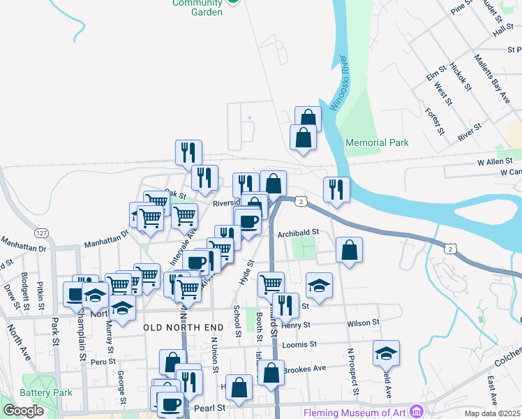 map of restaurants, bars, coffee shops, grocery stores, and more near 343 North Winooski Avenue in Burlington