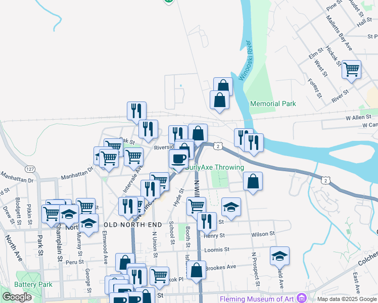 map of restaurants, bars, coffee shops, grocery stores, and more near 343 North Winooski Avenue in Burlington