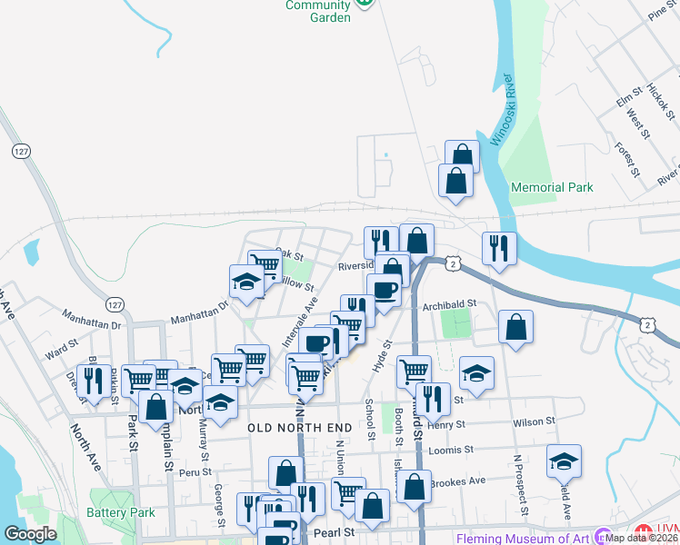map of restaurants, bars, coffee shops, grocery stores, and more near 714 Riverside Avenue in Burlington