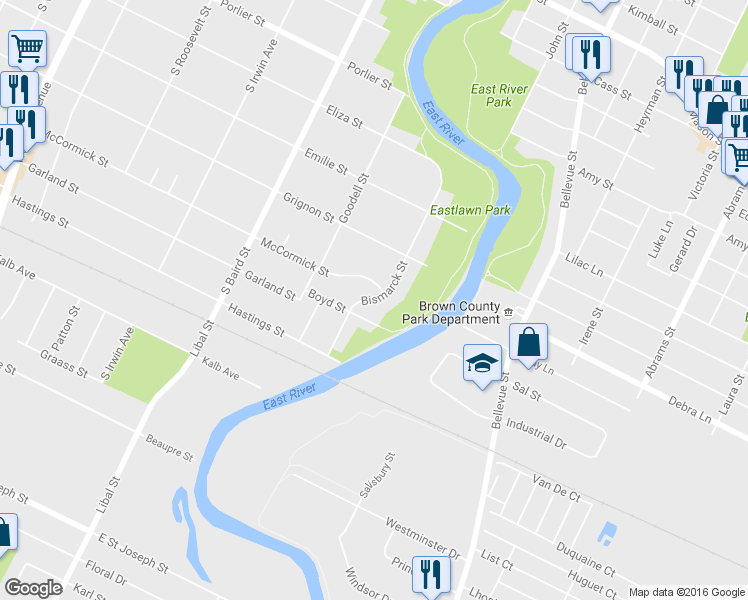 map of restaurants, bars, coffee shops, grocery stores, and more near 400 Memory Court in Green Bay