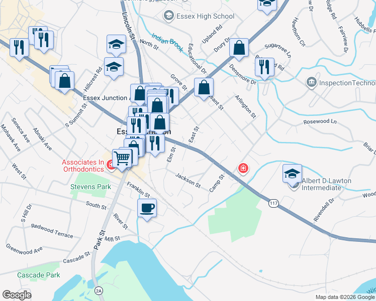 map of restaurants, bars, coffee shops, grocery stores, and more near 3 East Street in Essex