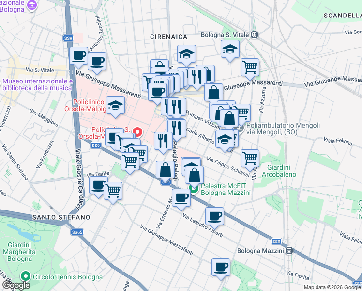 map of restaurants, bars, coffee shops, grocery stores, and more near 4 Via Filippo Schiassi in Bologna