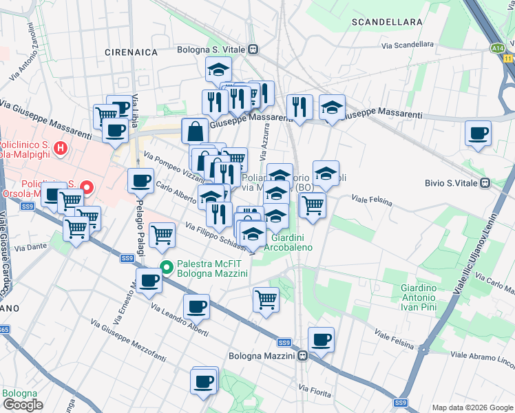 map of restaurants, bars, coffee shops, grocery stores, and more near 31 Via Azzurra in Bologna