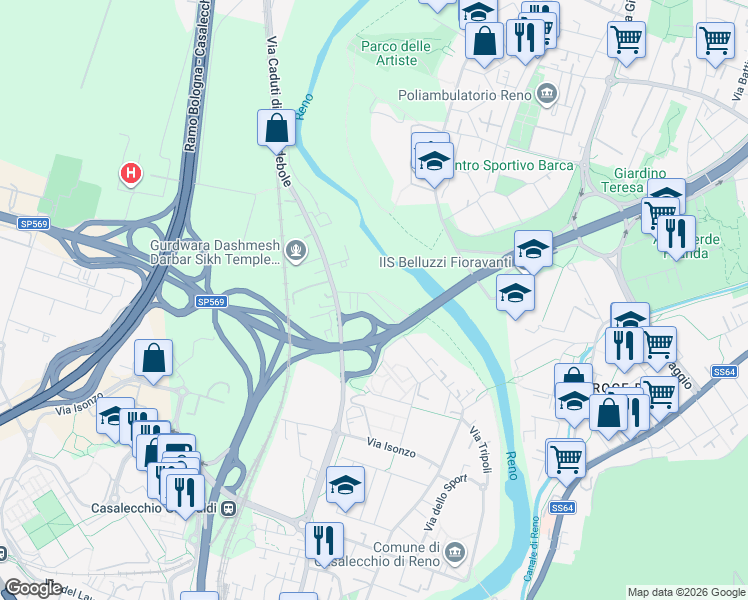 map of restaurants, bars, coffee shops, grocery stores, and more near 1 Via Masetti in Casalecchio di Reno