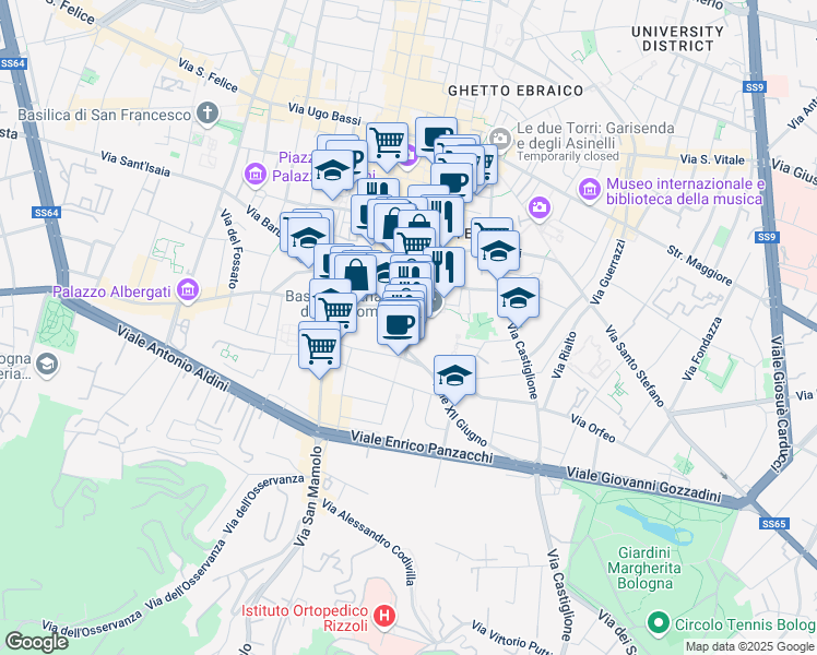 map of restaurants, bars, coffee shops, grocery stores, and more near 19 Via Marsili in Bologna