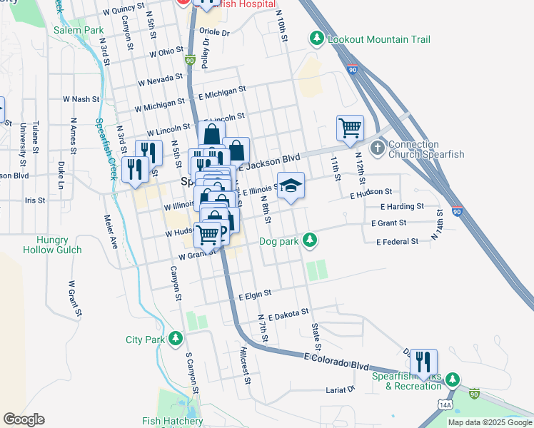 map of restaurants, bars, coffee shops, grocery stores, and more near 600 North 8th Street in Spearfish
