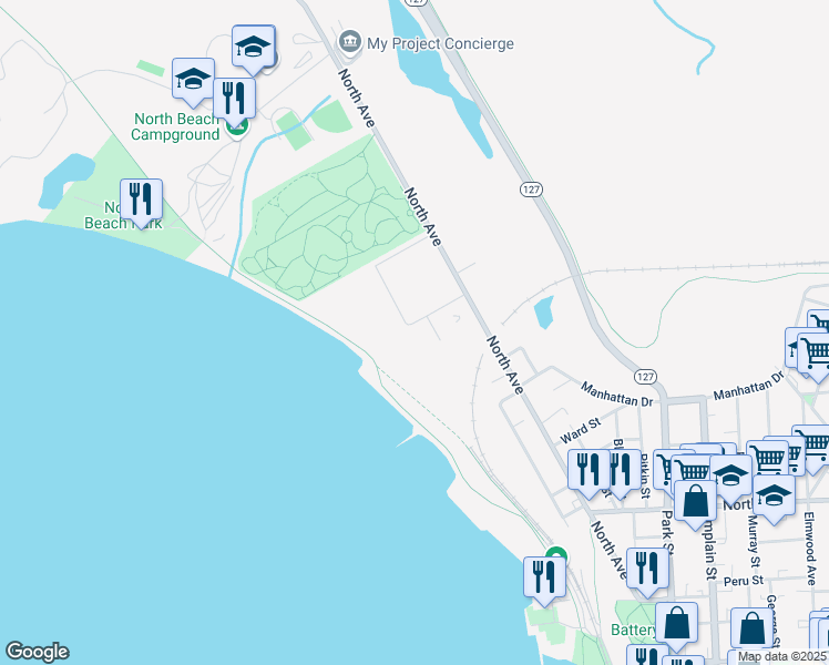 map of restaurants, bars, coffee shops, grocery stores, and more near 311 North Ave in Burlington