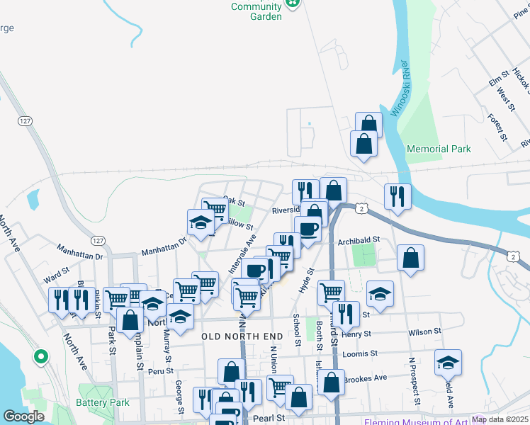 map of restaurants, bars, coffee shops, grocery stores, and more near 175 Intervale Avenue in Burlington