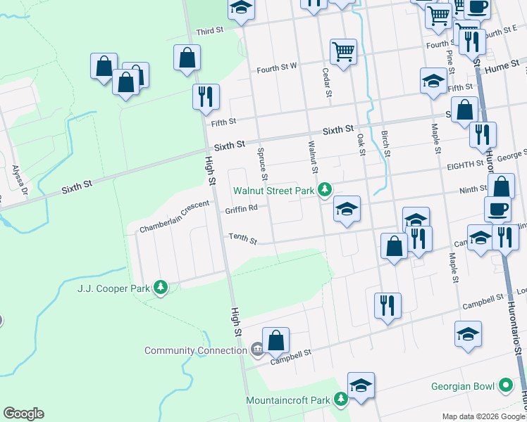 map of restaurants, bars, coffee shops, grocery stores, and more near in Collingwood