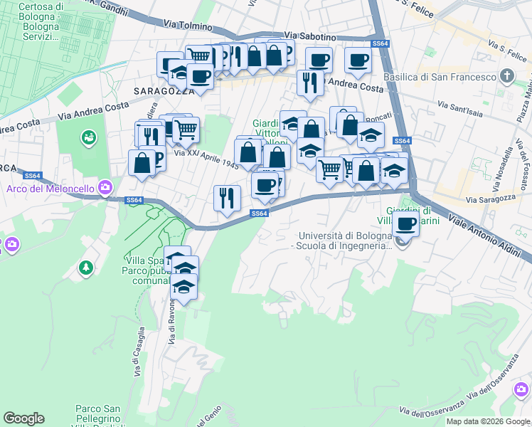 map of restaurants, bars, coffee shops, grocery stores, and more near 1 Via Francesco Orsoni in Bologna