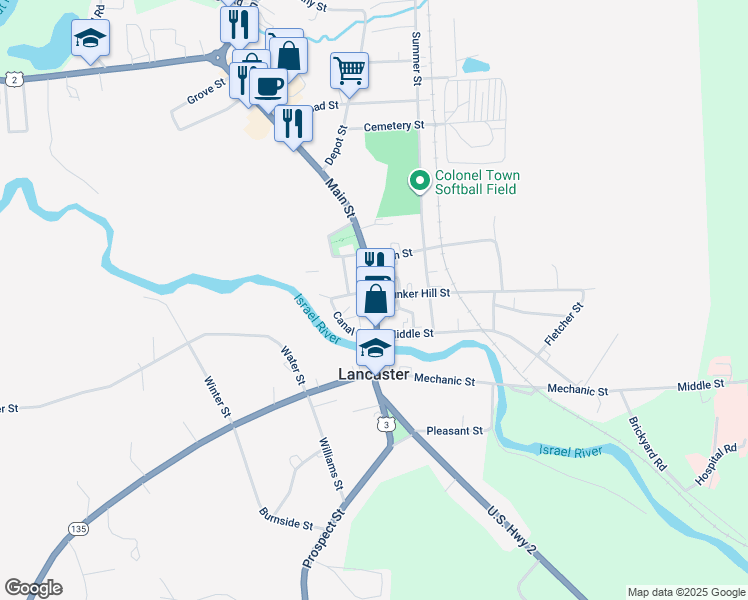 map of restaurants, bars, coffee shops, grocery stores, and more near 109 Main Street in Lancaster