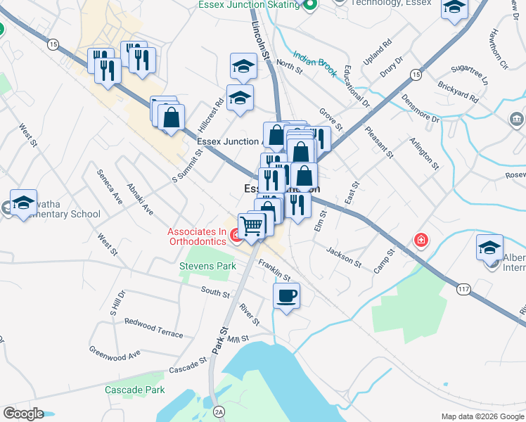map of restaurants, bars, coffee shops, grocery stores, and more near 4 Park Terrace in Essex