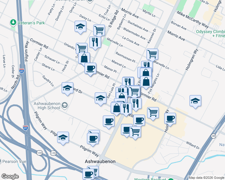 map of restaurants, bars, coffee shops, grocery stores, and more near 2302 San Luis Place in Green Bay