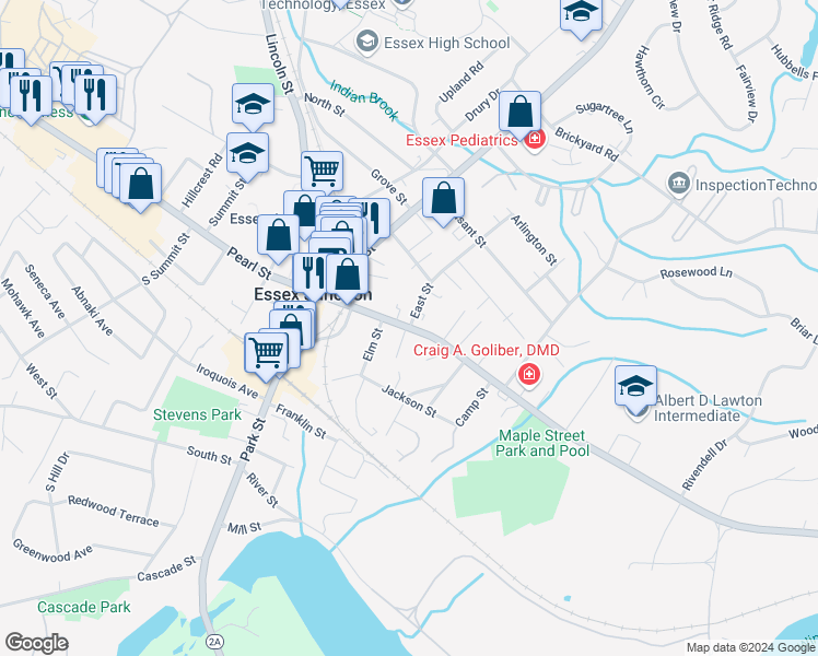 map of restaurants, bars, coffee shops, grocery stores, and more near Maple St & East St in Essex