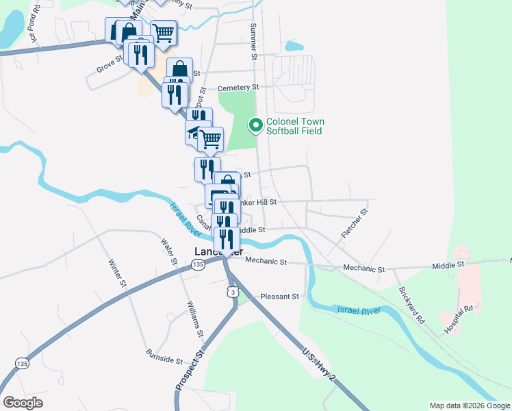 map of restaurants, bars, coffee shops, grocery stores, and more near 26 Bunker Hill Street in Lancaster