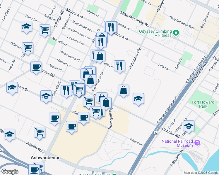map of restaurants, bars, coffee shops, grocery stores, and more near 790 Bayland Court in Green Bay