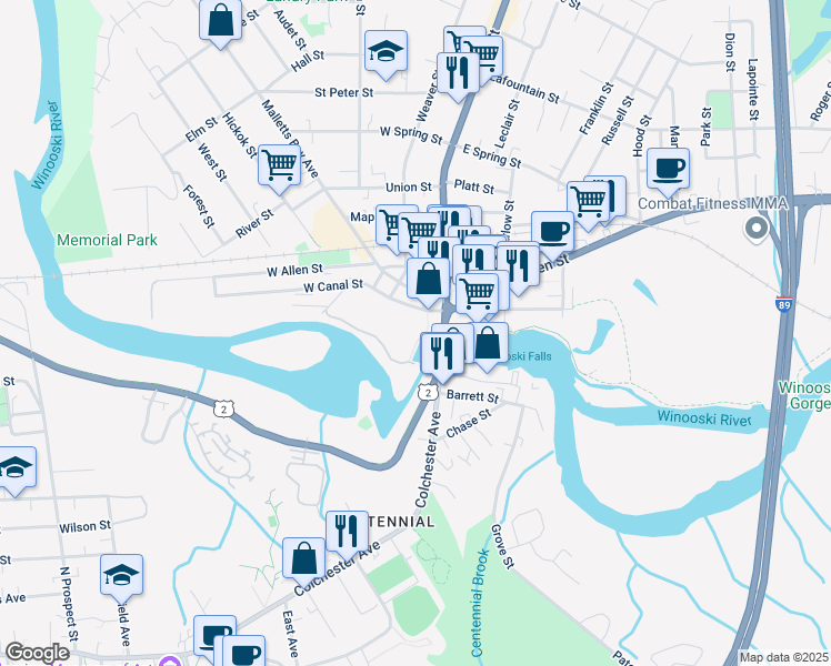 map of restaurants, bars, coffee shops, grocery stores, and more near 20 West Canal Street in Winooski