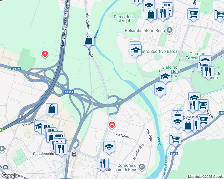 map of restaurants, bars, coffee shops, grocery stores, and more near 1 Via Masetti in Casalecchio di Reno