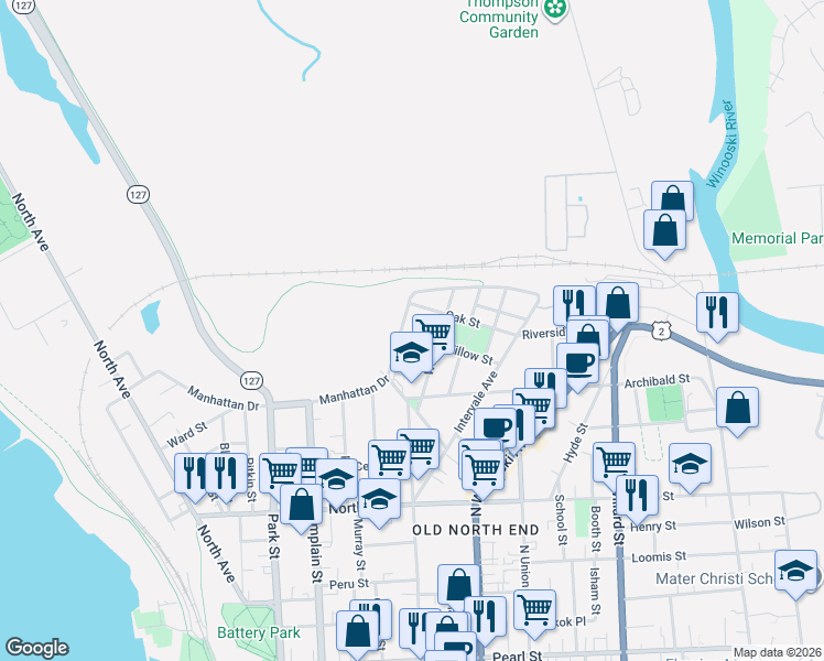 map of restaurants, bars, coffee shops, grocery stores, and more near 15 Oak Street in Burlington