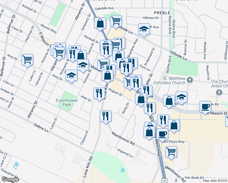 map of restaurants, bars, coffee shops, grocery stores, and more near 1988 East Mason Street in Green Bay