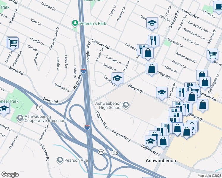 map of restaurants, bars, coffee shops, grocery stores, and more near 1101 Sandra Lane in Ashwaubenon