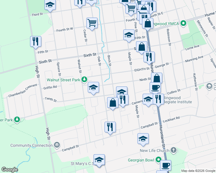 map of restaurants, bars, coffee shops, grocery stores, and more near 196 Ninth Street in Collingwood