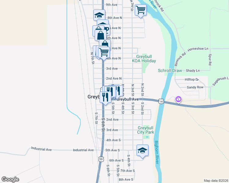 map of restaurants, bars, coffee shops, grocery stores, and more near 33 North 5th Street in Greybull