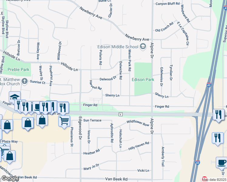 map of restaurants, bars, coffee shops, grocery stores, and more near 600 Aurora Drive in Green Bay