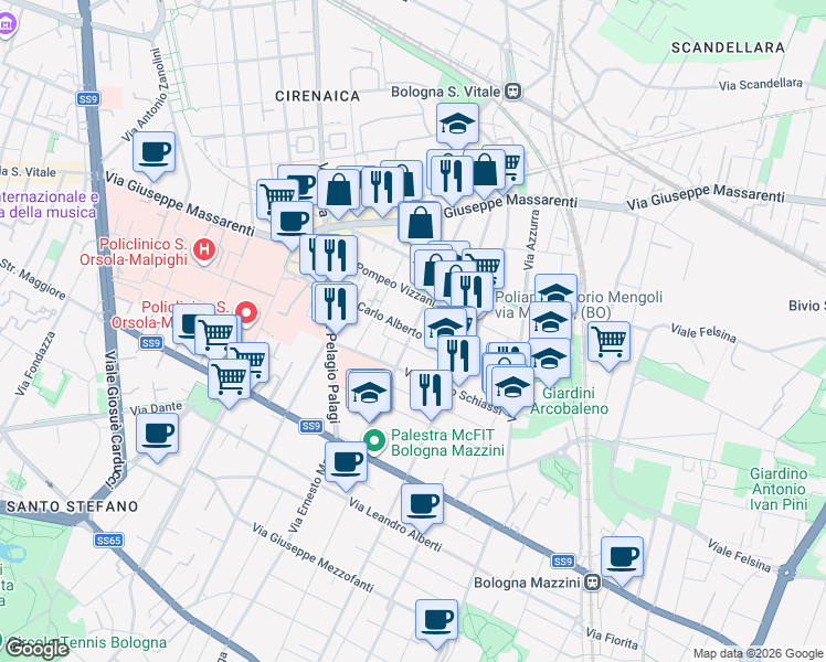 map of restaurants, bars, coffee shops, grocery stores, and more near 16-20 Via Antonio Bondi in Bologna