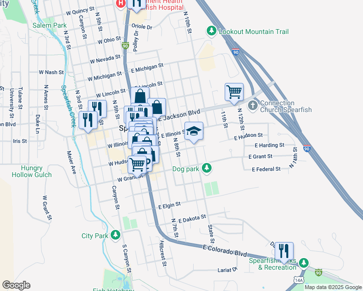 map of restaurants, bars, coffee shops, grocery stores, and more near 600-698 N 8th St in Spearfish