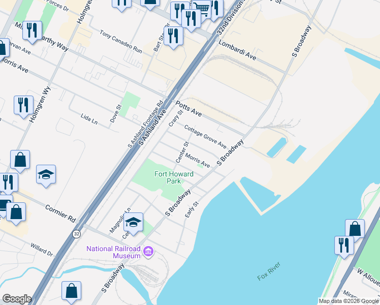 map of restaurants, bars, coffee shops, grocery stores, and more near 485 Oaklawn Avenue in Green Bay