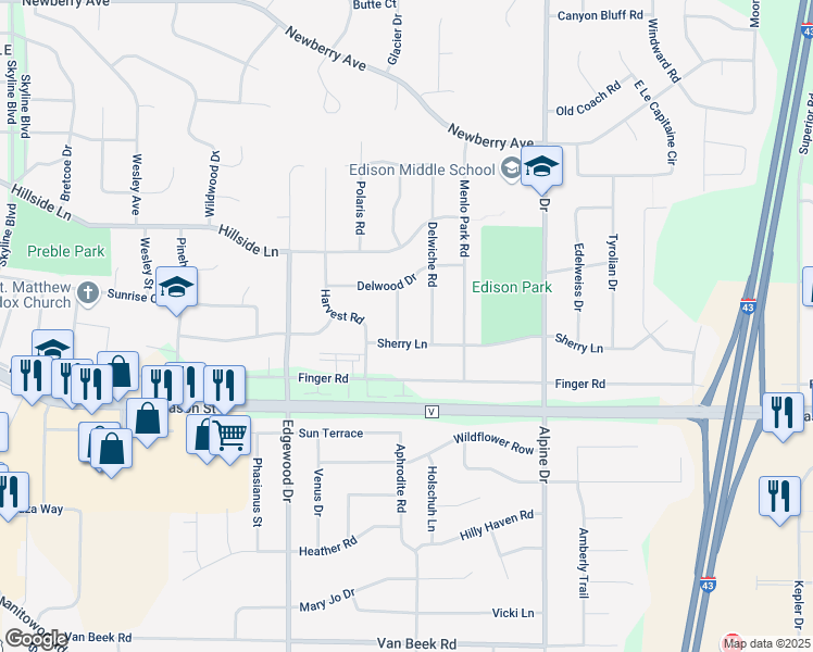 map of restaurants, bars, coffee shops, grocery stores, and more near 600 Aurora Drive in Green Bay