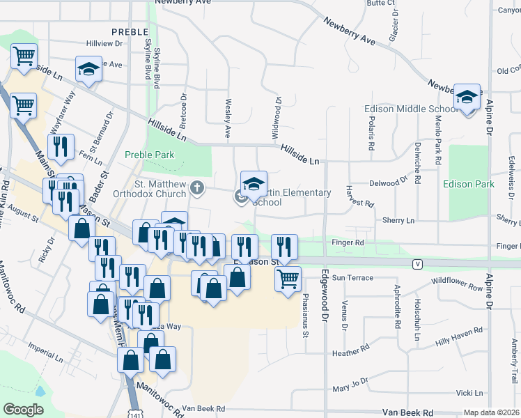 map of restaurants, bars, coffee shops, grocery stores, and more near 2414 Sunrise Court in Green Bay