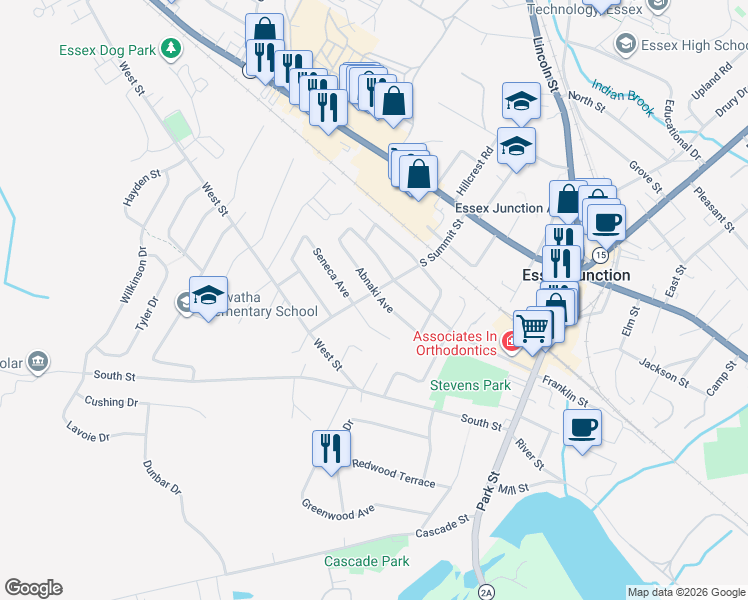 map of restaurants, bars, coffee shops, grocery stores, and more near 31 South Summit Street in Essex