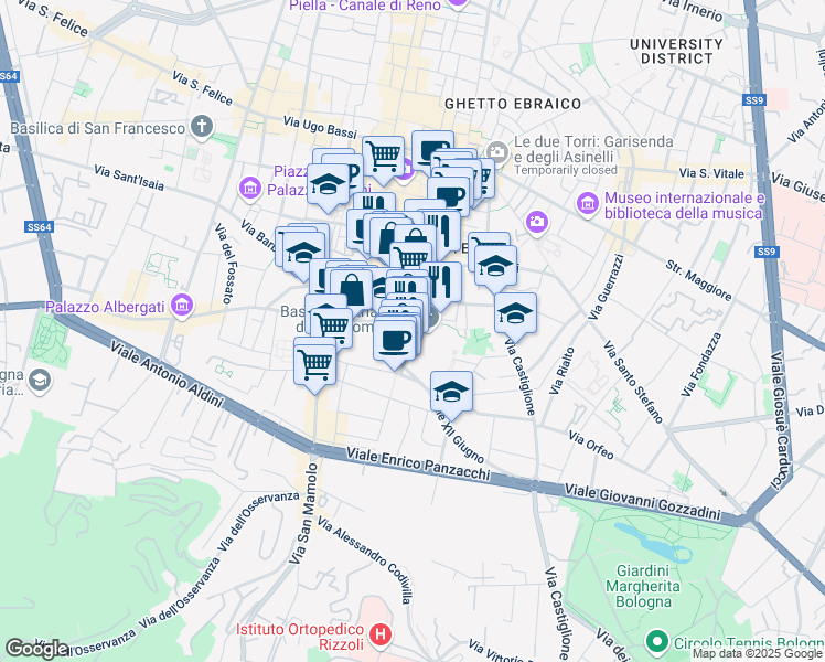 map of restaurants, bars, coffee shops, grocery stores, and more near 19 Via Marsili in Bologna