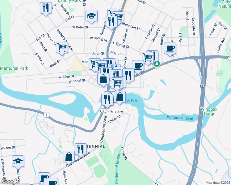 map of restaurants, bars, coffee shops, grocery stores, and more near 25 Winooski Falls Way in Winooski