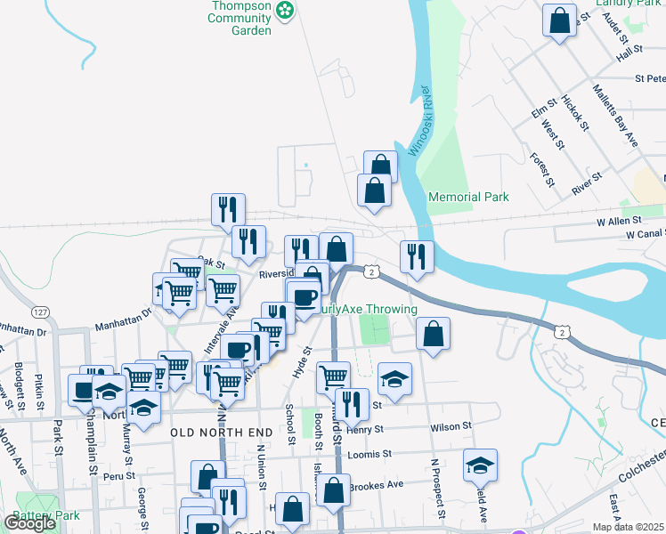 map of restaurants, bars, coffee shops, grocery stores, and more near 617 Riverside Avenue in Burlington