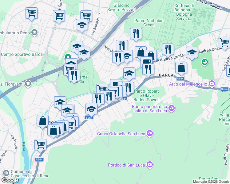 map of restaurants, bars, coffee shops, grocery stores, and more near 32 Via Claudio Treves in Bologna