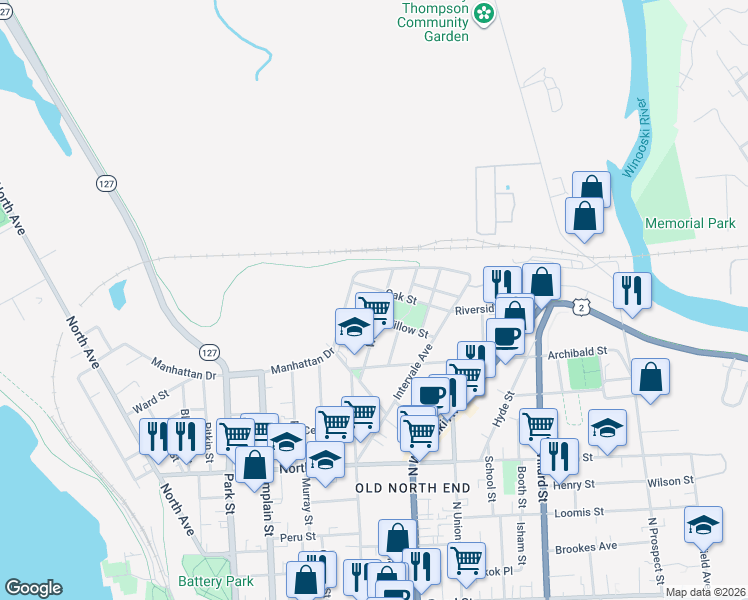 map of restaurants, bars, coffee shops, grocery stores, and more near 15 Oak Street in Burlington