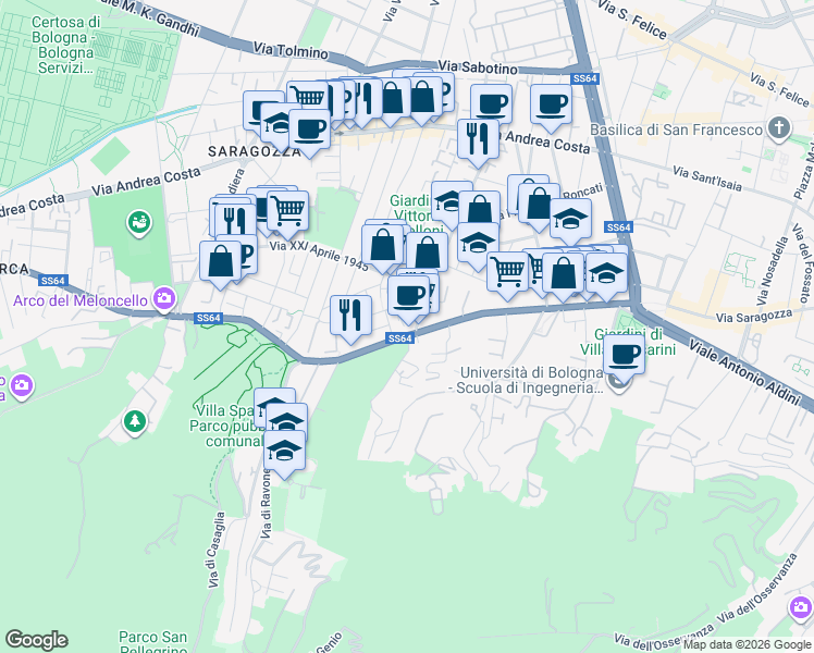 map of restaurants, bars, coffee shops, grocery stores, and more near 1-3 Via Francesco Orsoni in Bologna