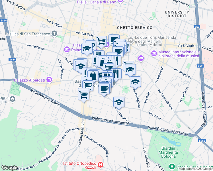 map of restaurants, bars, coffee shops, grocery stores, and more near 19 Via Marsili in Bologna