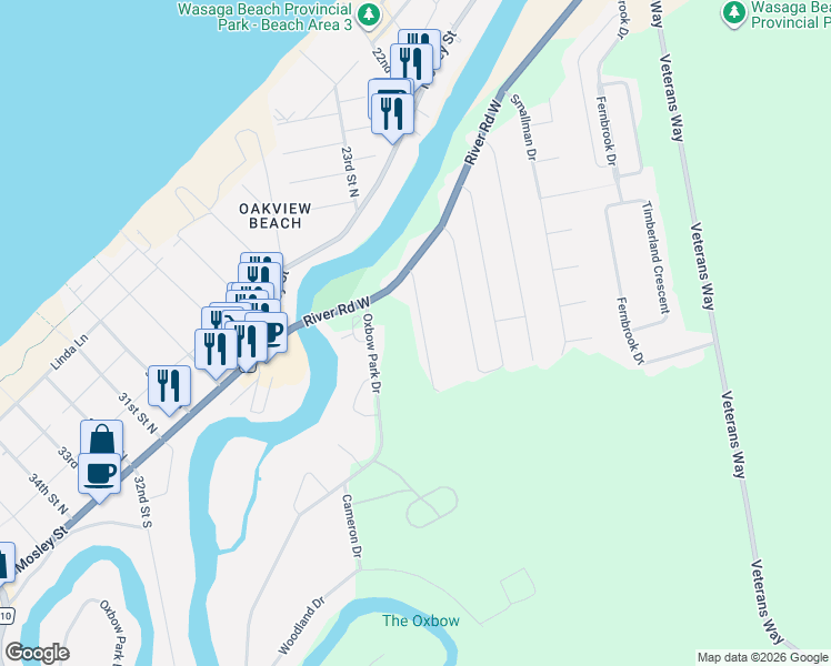 map of restaurants, bars, coffee shops, grocery stores, and more near 22 Brillinger Drive in Wasaga Beach